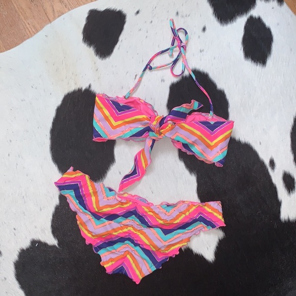 Victorias Secret Rainbow Zigzag Lettuce Hem Bikini, Medium top, small bottom - Picture 4 of 14